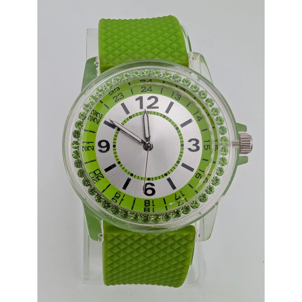 Women's Quartz Watch Lime Green Band‎ 37mm Clear Case Rhinestones- New Battery